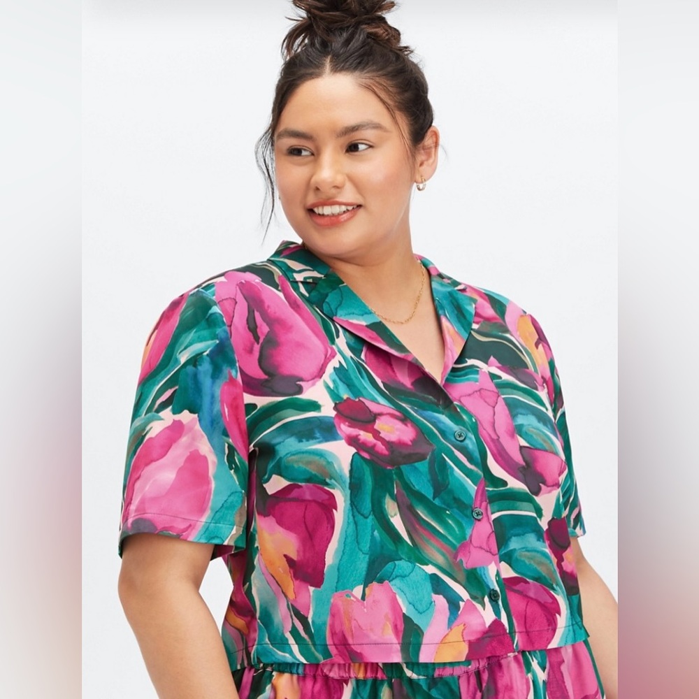 Fabletics Button Down Pajama Top-Painted Tulips-Size 2X-New with Tags